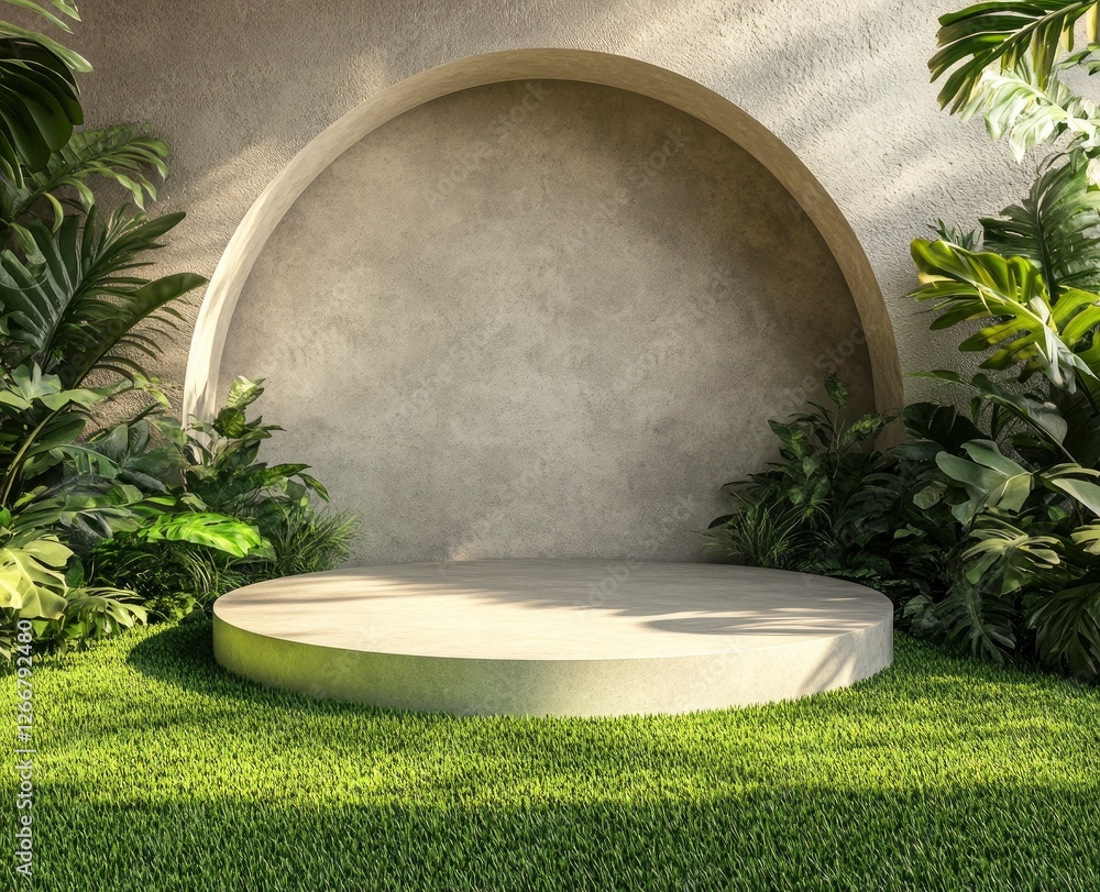 Poster 3d rendering of an empty podium on a green background with tropical plant decorations, a mock-up sce