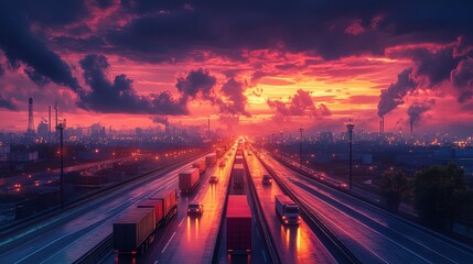 A vibrant industrial highway scene with glowing trucks carrying export goods under a dramatic sunset, adventurous and immersive 