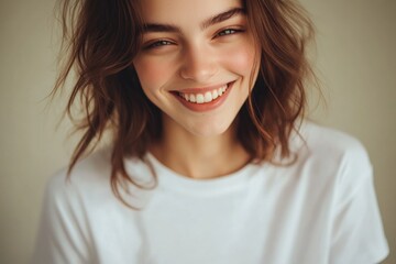 A happy woman with a white shirt smiles directly at the camera