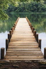 Fototapeta premium A wooden dock surrounded by trees and situated above a serene lake, perfect for use in outdoor recreation or nature-inspired designs