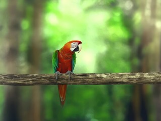 Colorful parrot perched on a branch in a lush green forest
