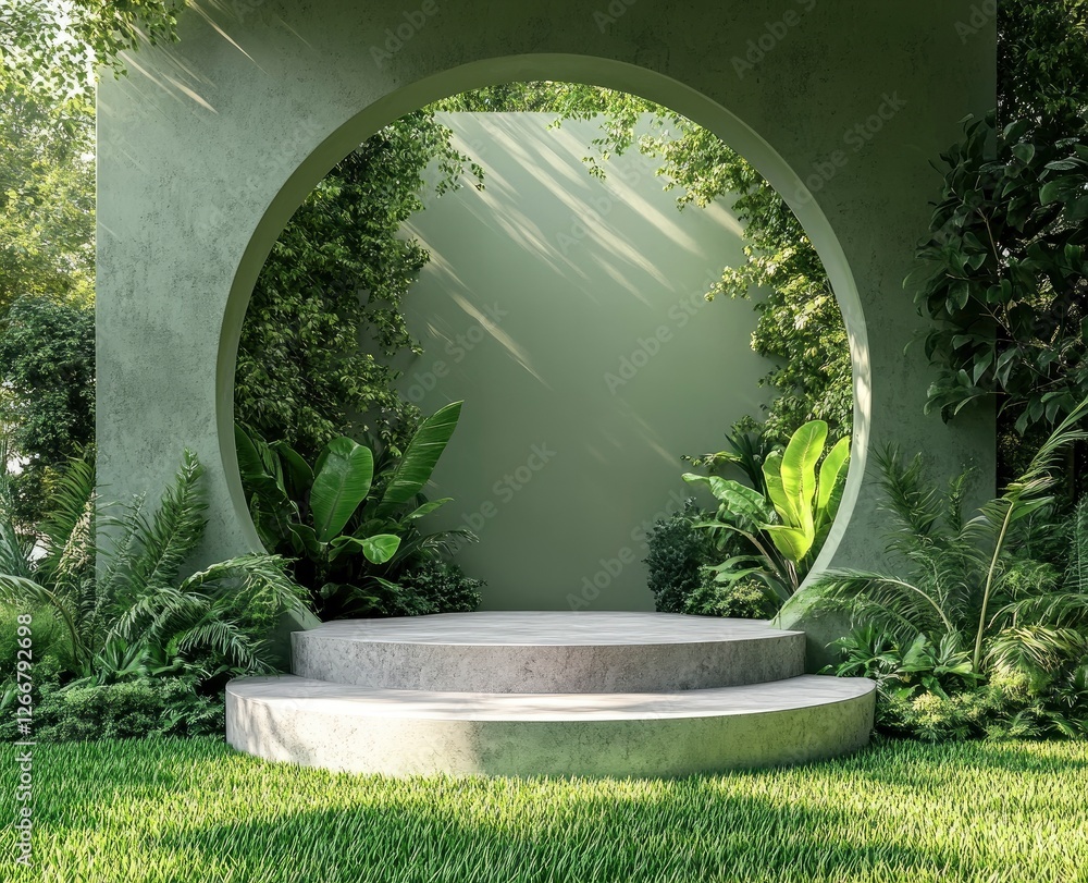 Poster 3d rendering of an empty podium on a green background with tropical plant decorations, a mock-up sce