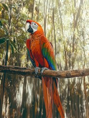 Colorful macaw perched on branch in vibrant forest