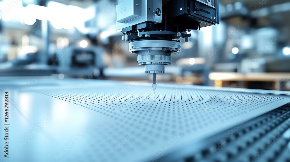 Poster a surreal macro lens displays a large industrial machine accurately applying tiny adhesive points on