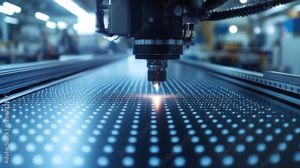 Poster a surreal macro lens displays a large industrial machine accurately applying tiny adhesive points on