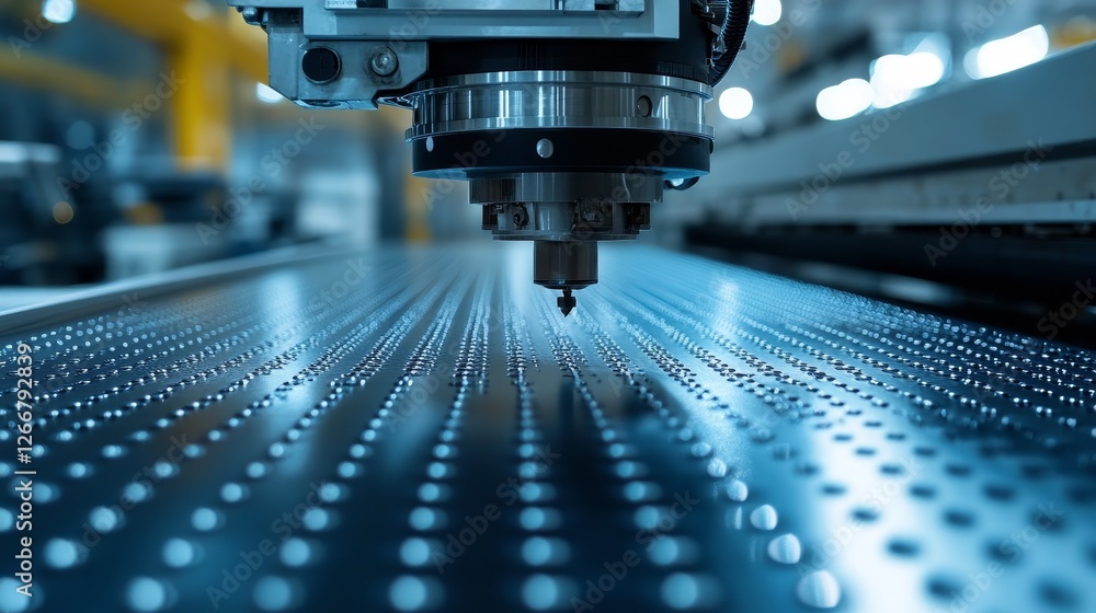 Poster a surreal macro lens displays a large industrial machine accurately applying tiny adhesive points on