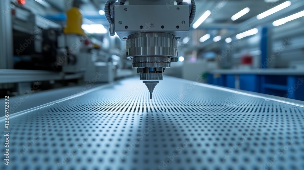 Poster a surreal macro lens displays a large industrial machine accurately applying tiny adhesive points on