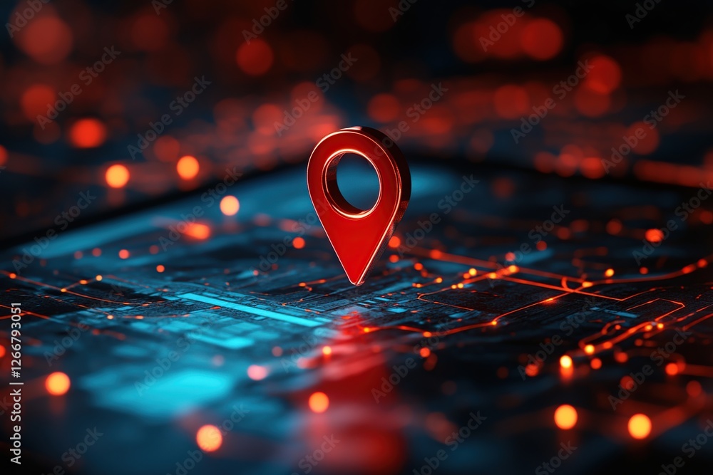 Aufkleber navigating digital worlds: location pin on futuristic circuit board glows brightly, illustrating tec