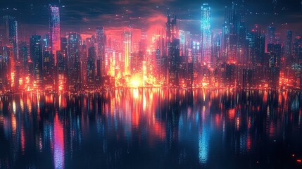 Naklejka premium A vibrant aerial view of a shipping port with glowing lights reflecting on the water, intense and modern 