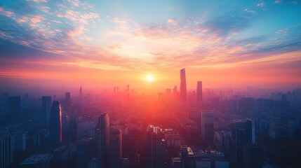 Fototapeta premium A glowing sunrise over a futuristic city, symbolizing a new day for business success, clean and inspiring 