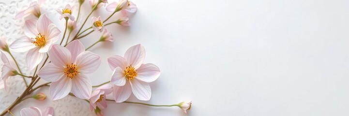 Fototapeta premium Light colored paper cut flowers forming a delicate and intricate pattern under soft lighting, creating a serene and elegant atmosphere, flowers, delicate, serene