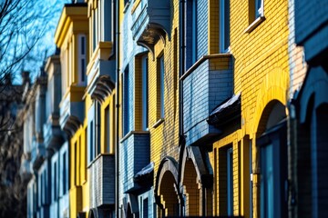 A yellow and blue city hall building with a prominent clock tower, perfect for use in urban scenes or as a background