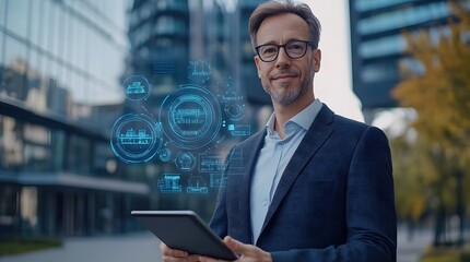 Businessman with Tablet and Digital Interface in Urban Setting