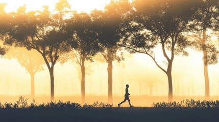 sunrise jogging through misty forest