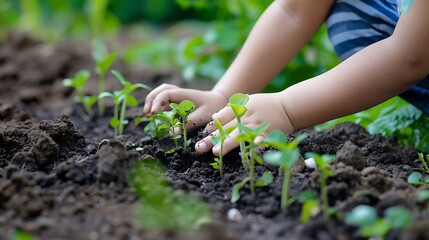 Children are planting seedlings into the soil in the garden, selective focus