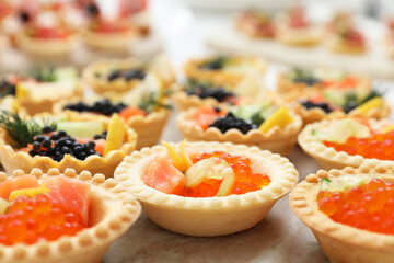 Many different tasty canapes on wooden board, closeup