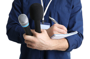 Journalist with microphones taking notes on white background, closeup