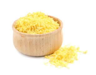 Fresh lemon zest in bowl isolated on white