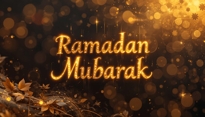 Ramadan Mubarak Greeting Card with Glowing Golden Font and Bokeh Lights Creating a Festive Atmosphere