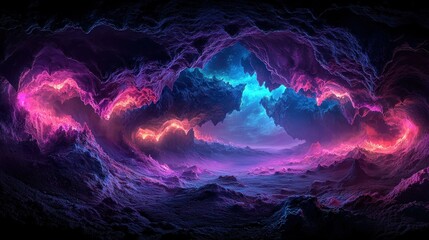 Digital art shows fantastic cave with vibrant purple, pink, blue fantasy landscape