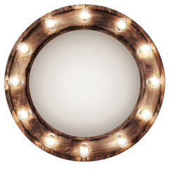 Isolated Rustic Wooden Frame with Glowing Light Bulbs