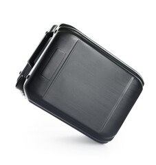 One black plastic canister in air on white background