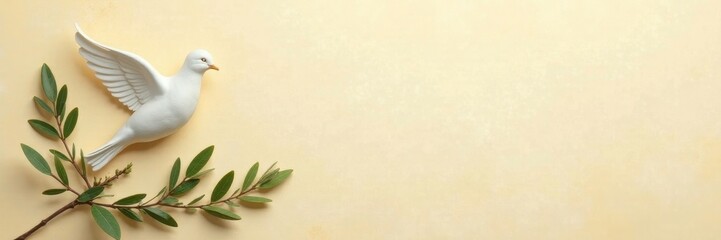 Subtle cross, dove, olive branches on beige Peaceful religious background , holy, art, texture