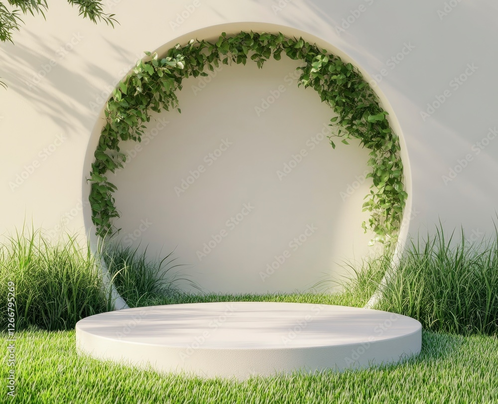 Poster 3d rendering of an empty podium with green plants on the grass and a circular arch wall background f