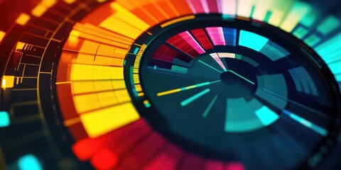 A detailed view of a clock face featuring multiple bright colors