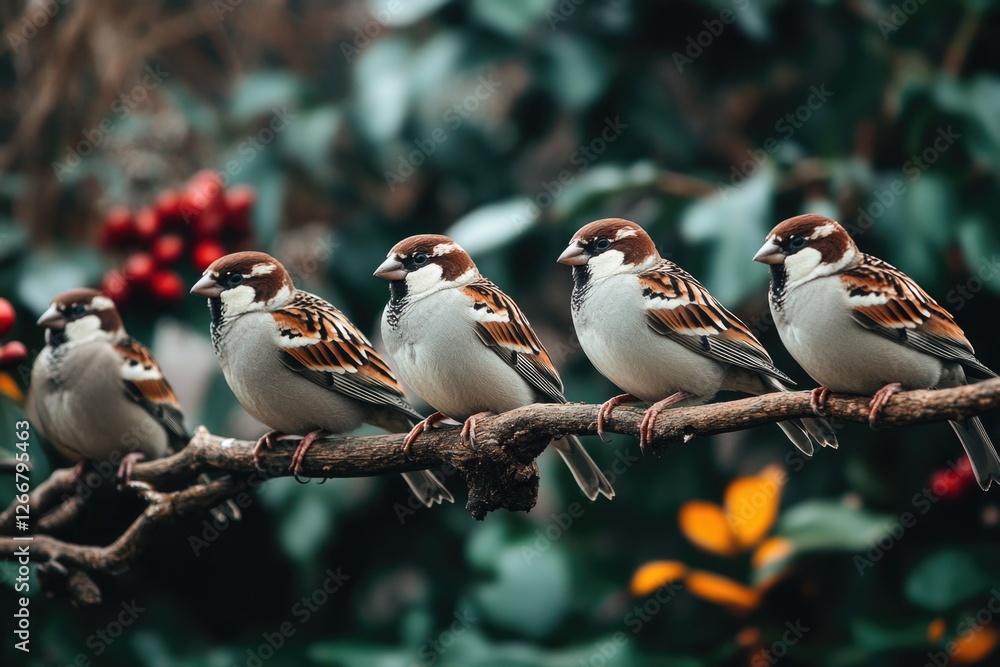 Poster group of birds resting on tree limb, potential use in nature or wildlife context