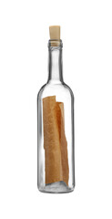 Corked glass bottle with rolled letter isolated on white