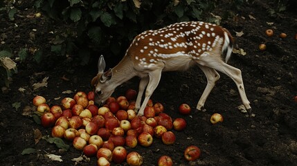 Obraz premium Orchard deer eating fallen apples, autumn