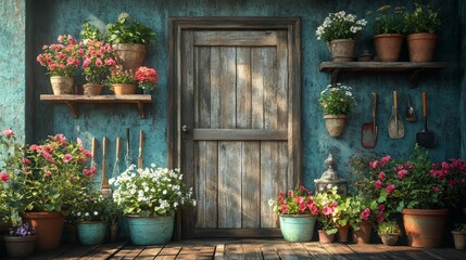 Naklejka premium Ultra-realistic indoor garden arrangement with blooming flowers in aged pots, vintage garden tools on a wooden door, creating earthy home decor with sharp focus in 4K resolution.