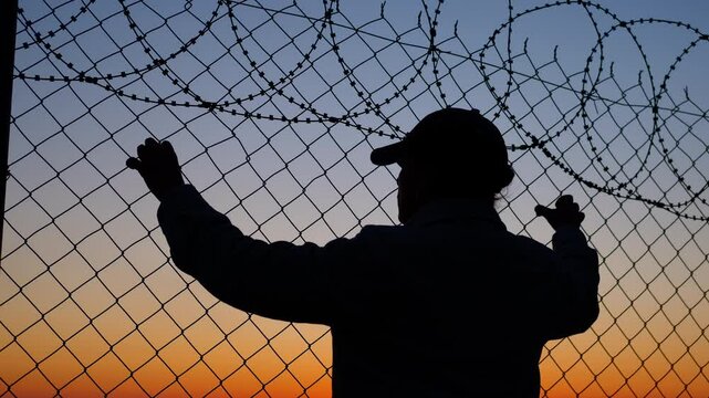 A refugee holds on to barbed wire at the border. A silhouette of a refugee woman at sunset at the border looking hopefully at the setting sun.