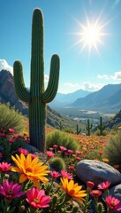 Sun-drenched cacti stand tall amidst a carpet of wildflowers , spring, image, sand dunes