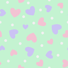 Pink and lilac hearts on a green background. Seamless pattern in flat style. Pastel colors. Cute background for paper, card, textile, gift wrap, cover. 