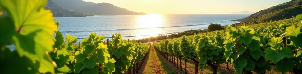 Fototapeta premium Sunlight bathes lush vineyard overlooking calm ocean, landscape, wine, vineyard landscape