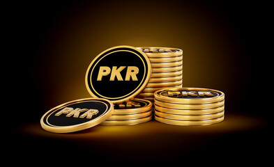 Stack Of Golden And Black Pakistani Rupee Coins Set On Shiny Golden Glow Background 3d Illustration