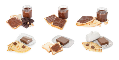 Chocolate butter. Bread slices and crepes with tasty spread on white background