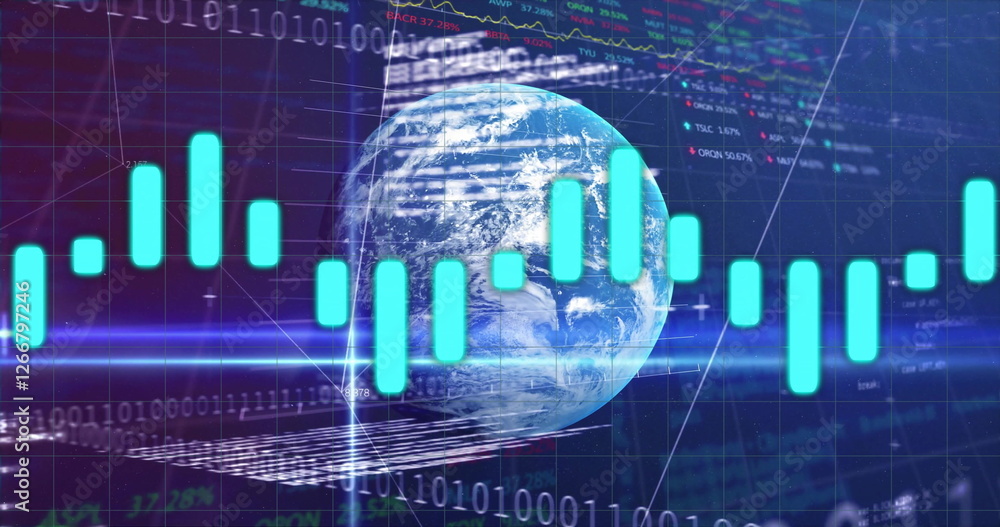 Poster image of financial data processing over globe and dark background