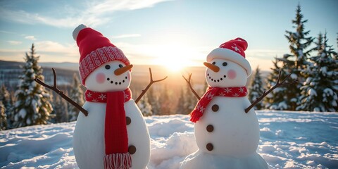 Fototapeta premium Happy snowman surrounded by a winter wonderland with snowy trees, clear blue skies, and a shining sun, perfect for holiday and winter themed designs, happy, winter, cheerful