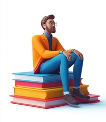 Businessman Sitting on Colorful Stack of Books Concept of Education and Success in a Cartoonish Style