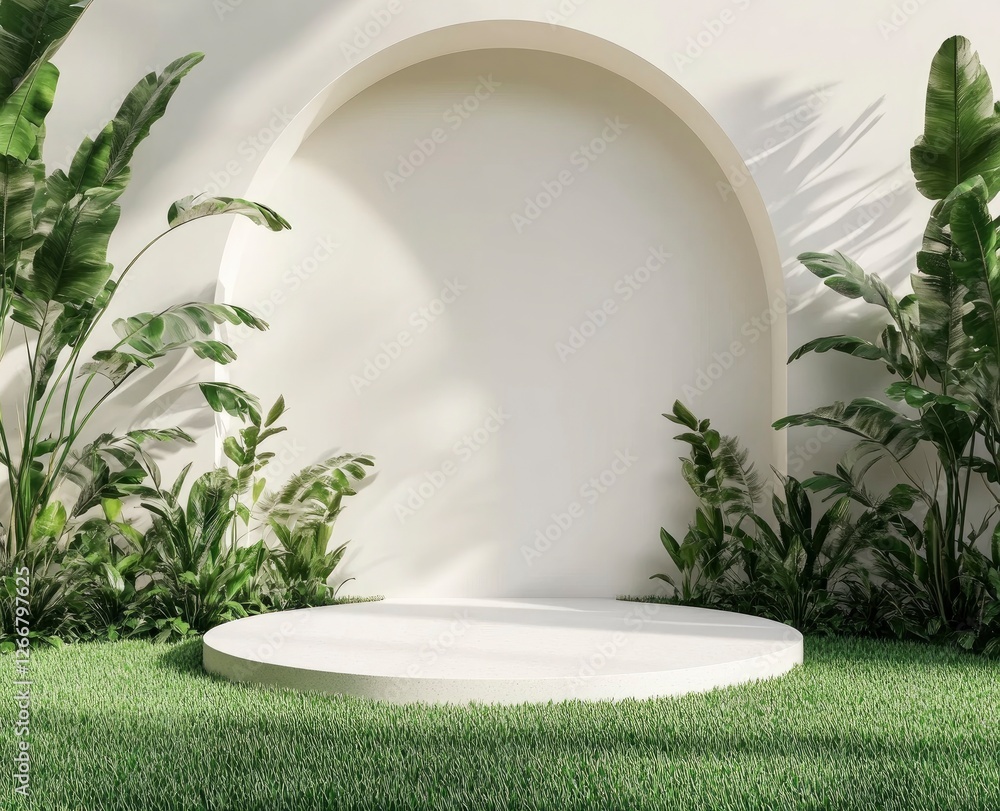 Poster 3d rendering of an empty podium with green plants on the grass and a circular arch wall background f
