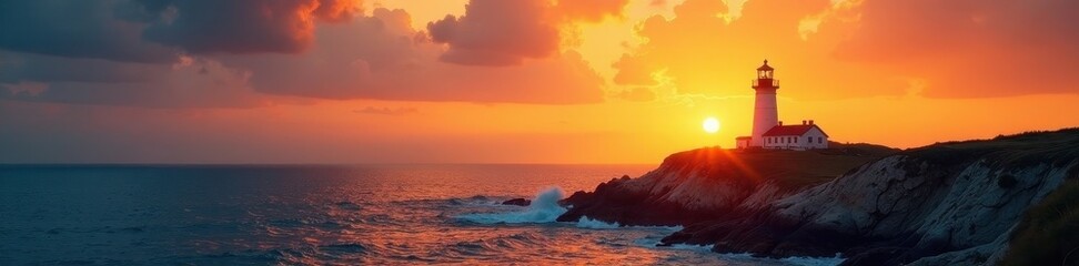 Sunrise paints the sky gold, illuminating a solitary lighthouse on rugged rocks , calm, landscape, hope