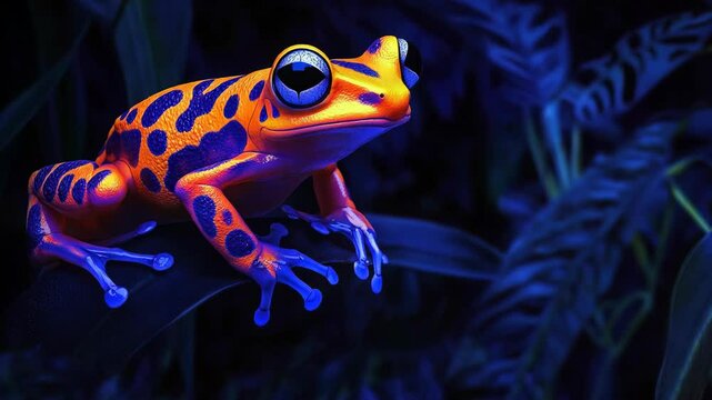 A neon-colored poison dart frog sits on a leaf in a dark jungle environment