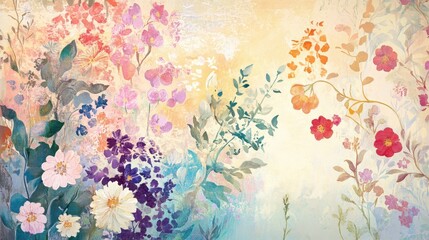 A painting of a flower garden with many different colored flowers