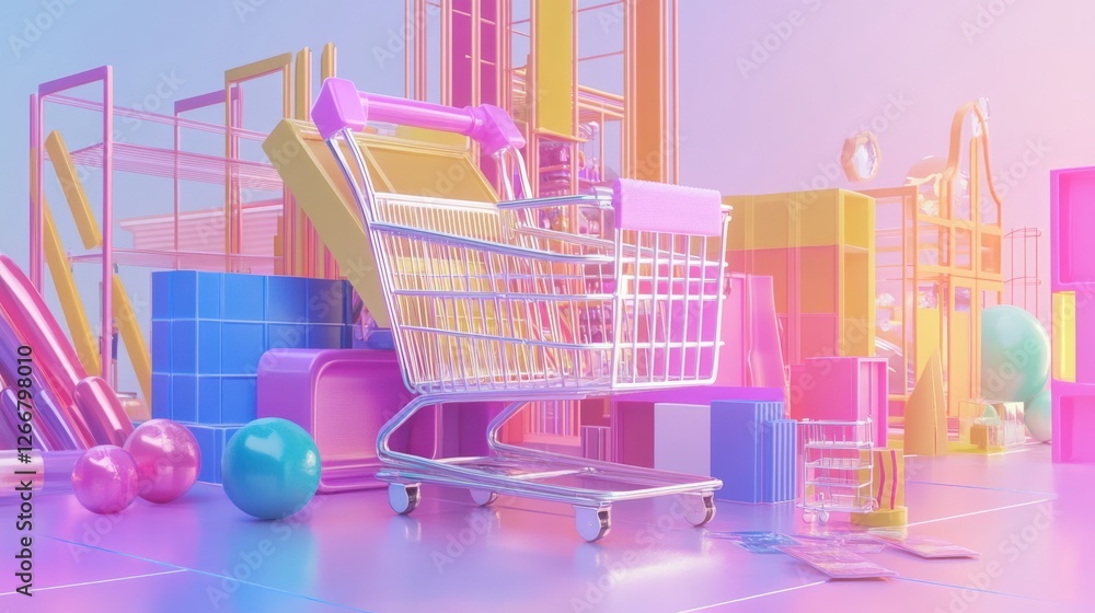 Aufkleber colorful abstract shopping cart surrounded by geometric shapes and playful objects in a vibrant sett