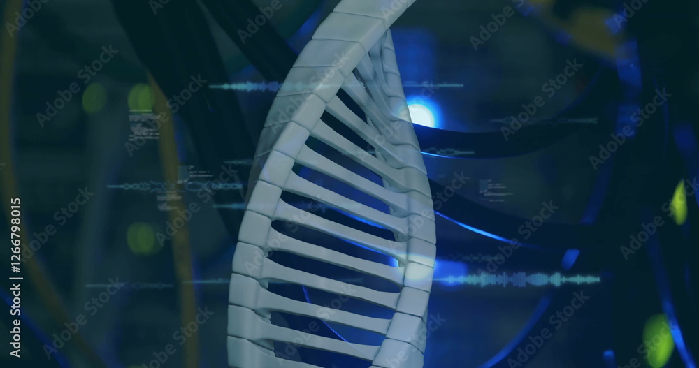 Poster image of dna strand over data processing and server room