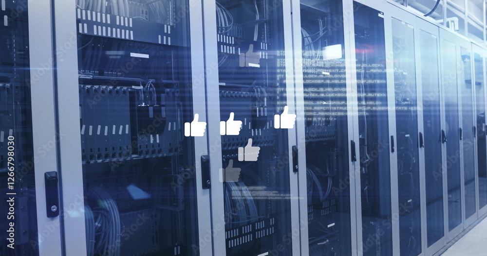 Poster image of data processing and media icons over server room