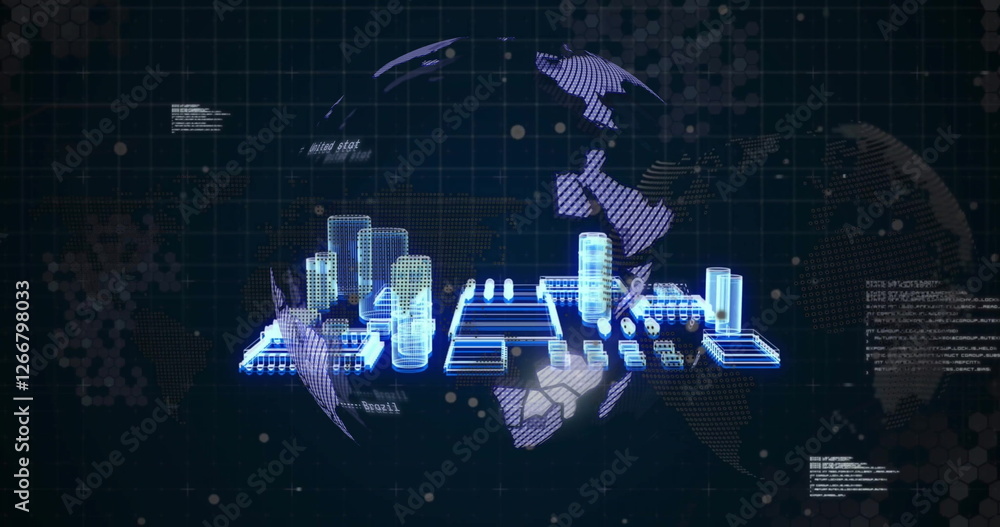 Poster image of computing board and data processing over globes